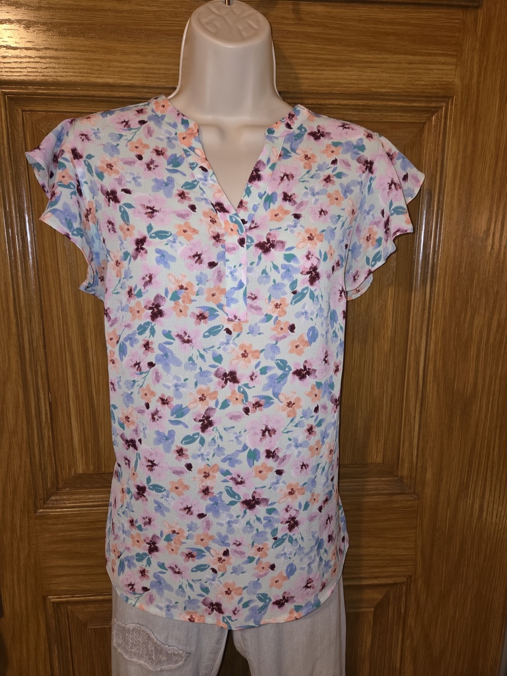 Elle Pastel Floral‎ Split-Neck Blouse - White, Pink, Blue, Peach